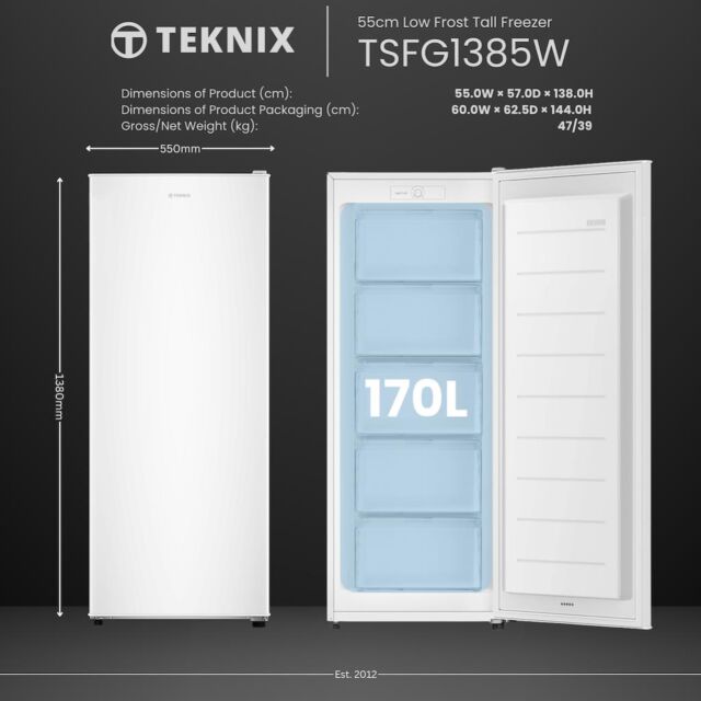 Teknix TSFG1385W 55cm Upright Tall Freezer Smart Frost - White